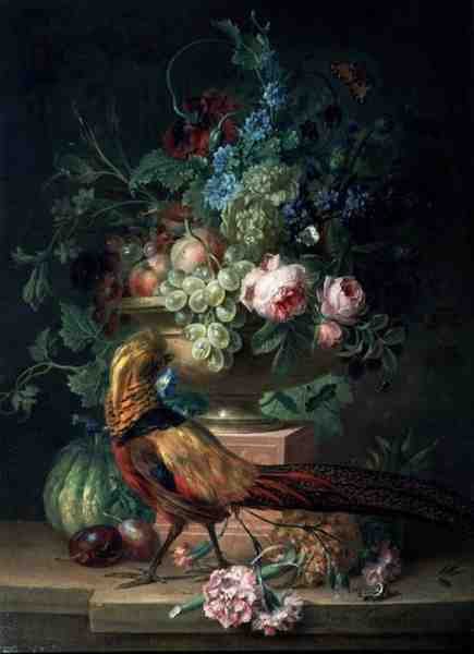 Stilleben med blomster og en fasan (olie på lærred) af Willem van Leen
