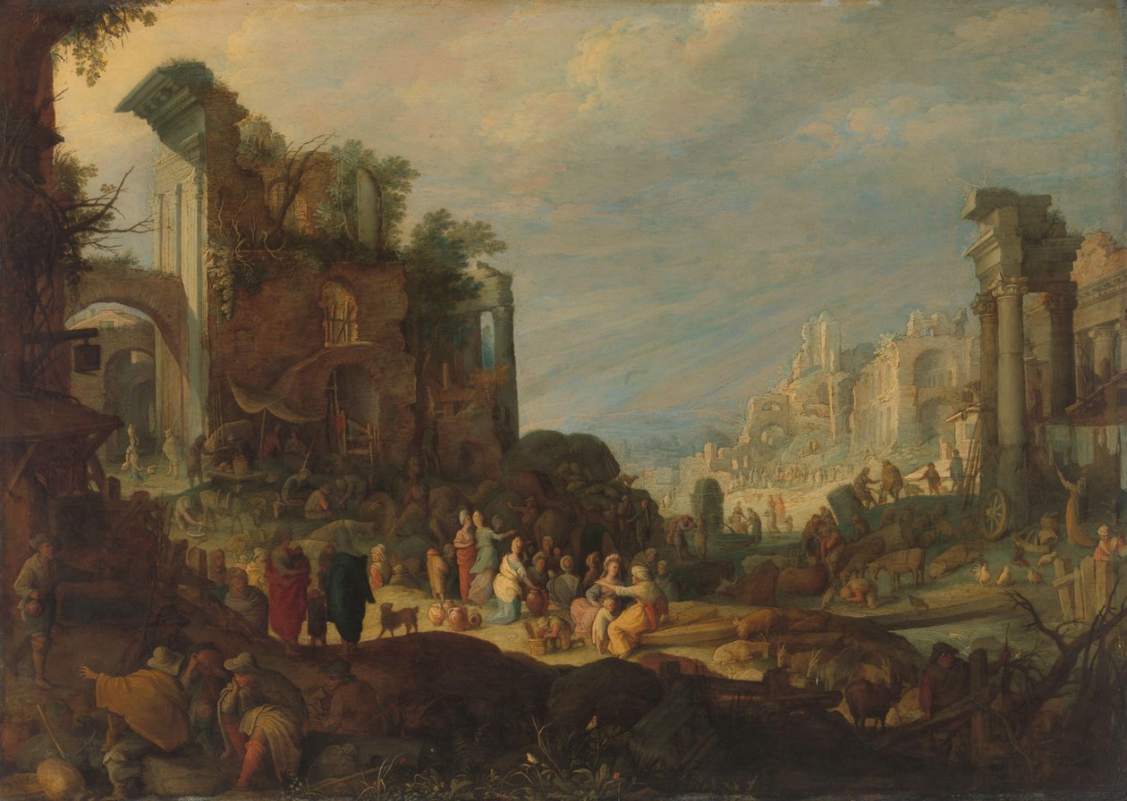 Rejsende blandt romerske ruiner med Rebecca og Eliezer ved brønden af Willem van Nieulandt (II) (attributed to)