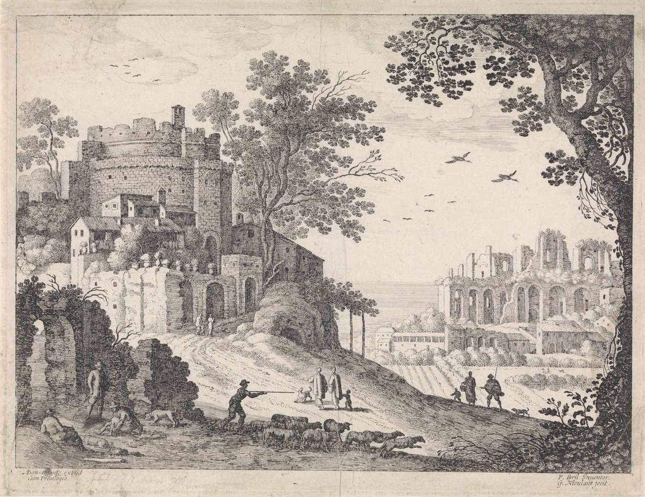 Bygninger langs en vej Italienske landskaber (serietitel) af Willem van Nieulandt (II)