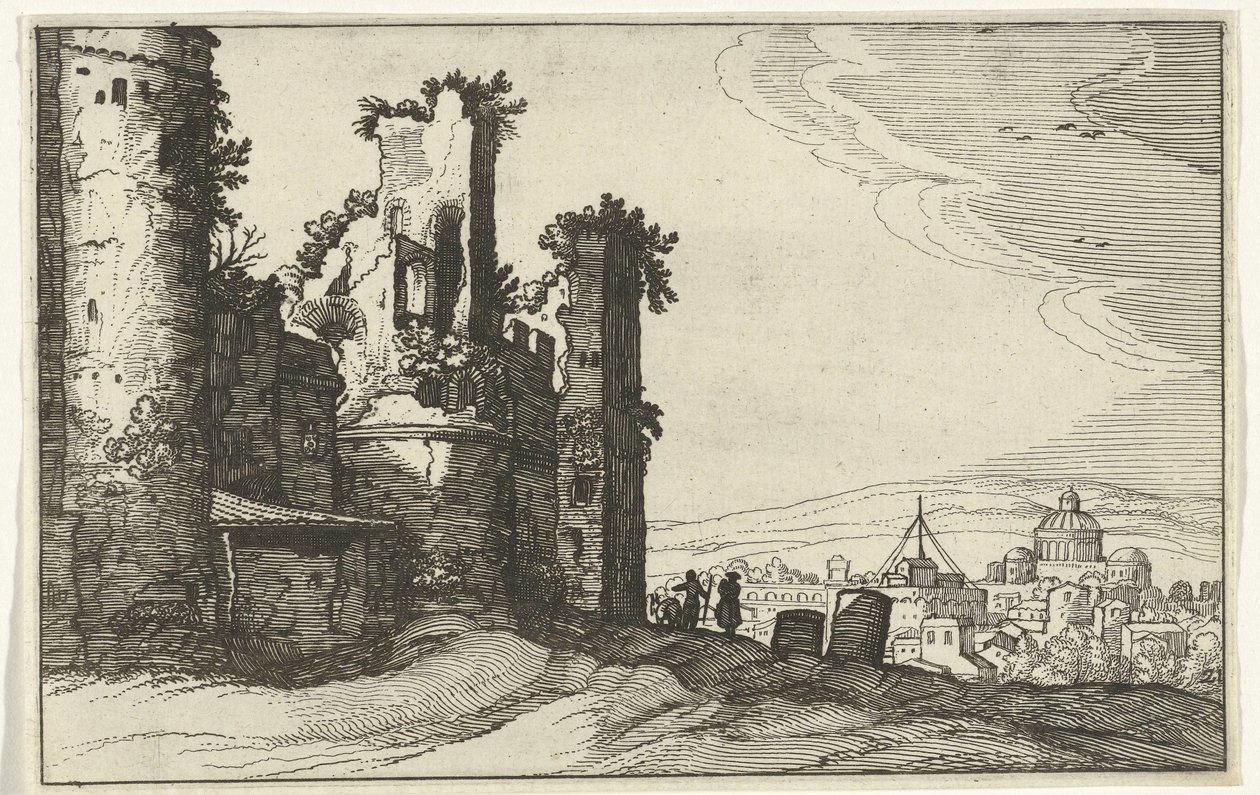 Udsigt over Rom fra Monte Pincio Romerske ruiner og kystlandskaber (serie 1) (serietitel) af Willem van Nieulandt (II)