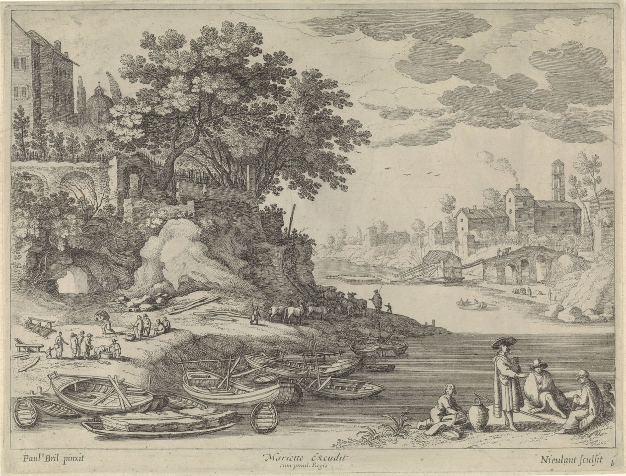 Havn med robåde, figurer og husdyr af Willem van Nieulandt (II)