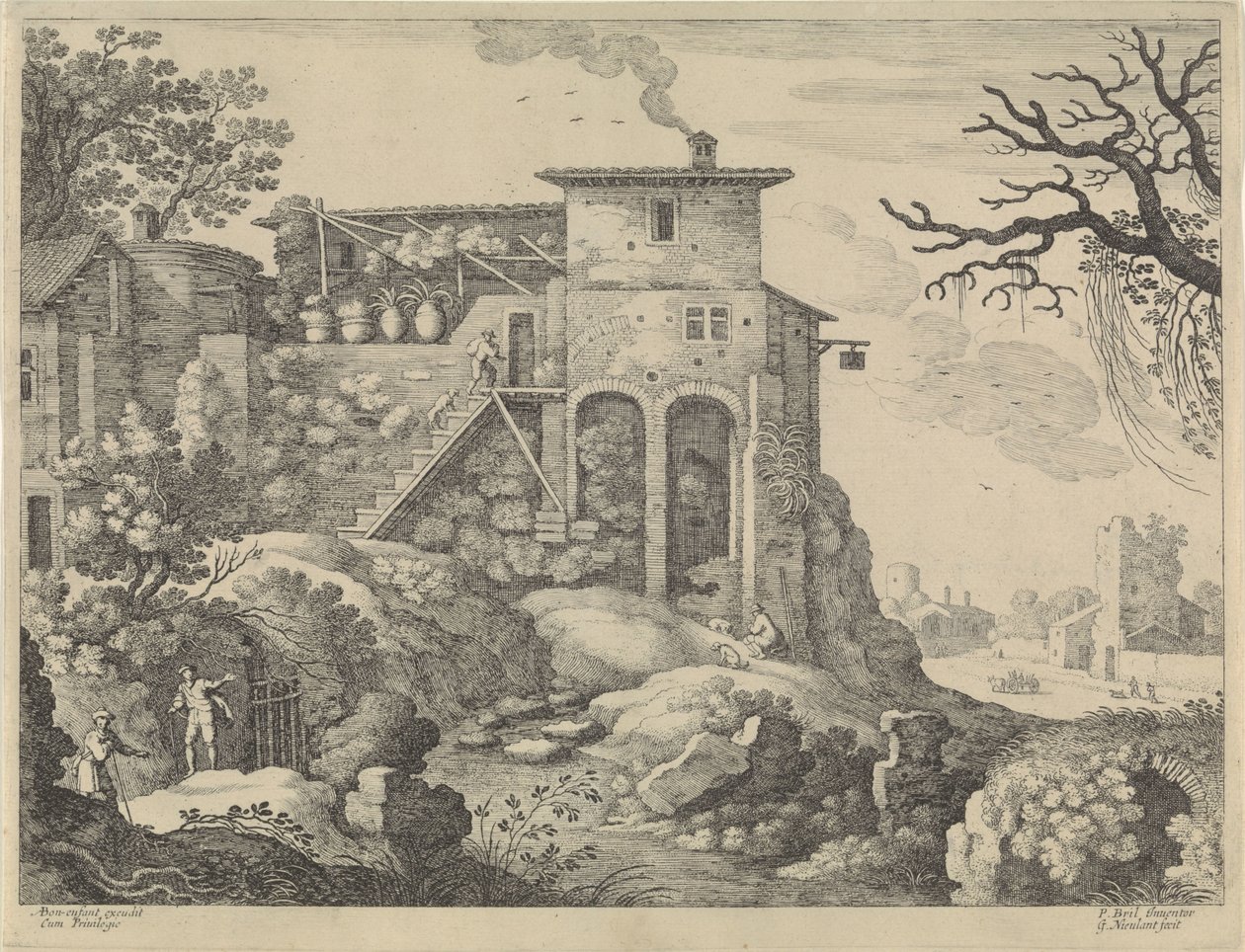 Italiensk landskab med kro af Willem van Nieulandt (II)