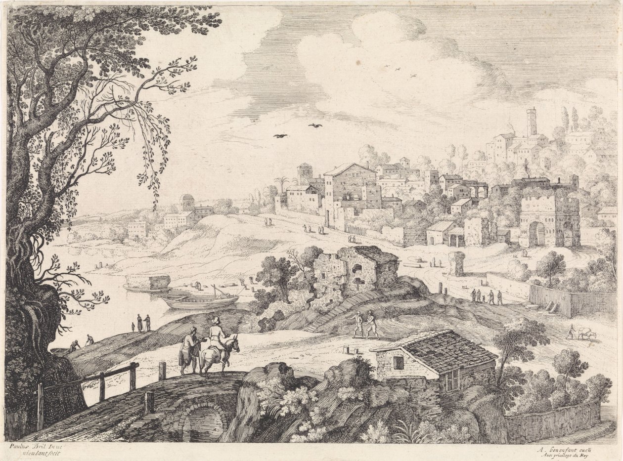 Italiensk landskab med en by Italienske landskaber (serietitel) af Willem van Nieulandt (II)