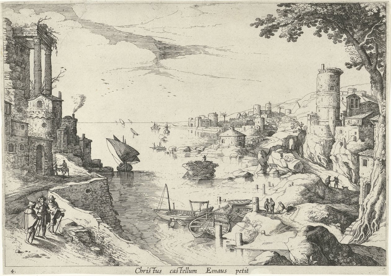 Landskab med Emmaus-rejsende Christ castellum Emaus petit (titel på objekt) Italienske landskaber med bibelske scener (serietitel) af Willem van Nieulandt (II)