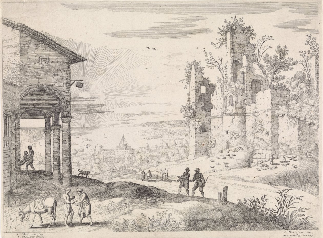 Landskab med den barmhjertige samaritaner på kroen Italienske landskaber (serietitel) af Willem van Nieulandt (II)