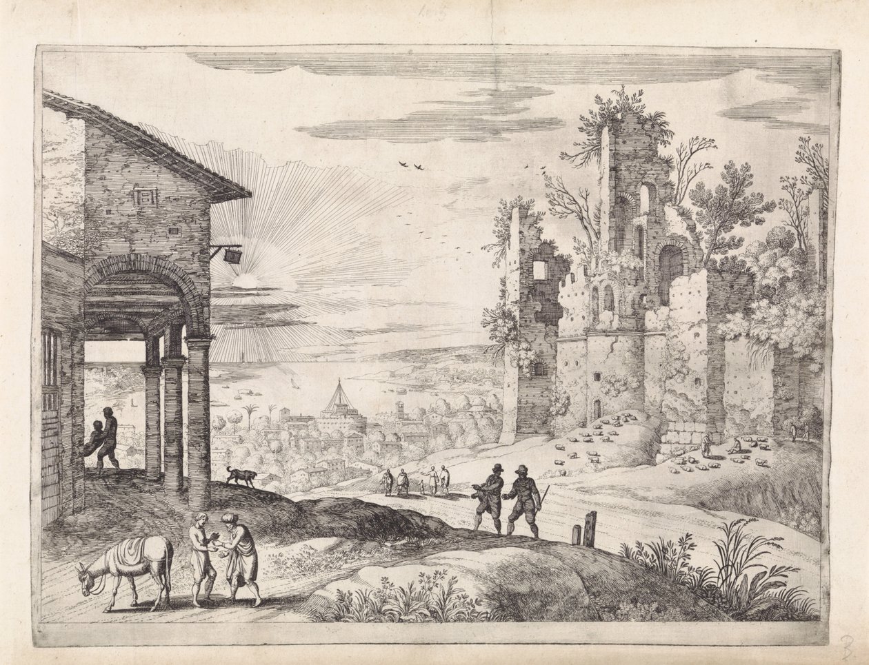Landskab med den barmhjertige samaritaner på kroen Italienske landskaber (serietitel) af Willem van Nieulandt (II)