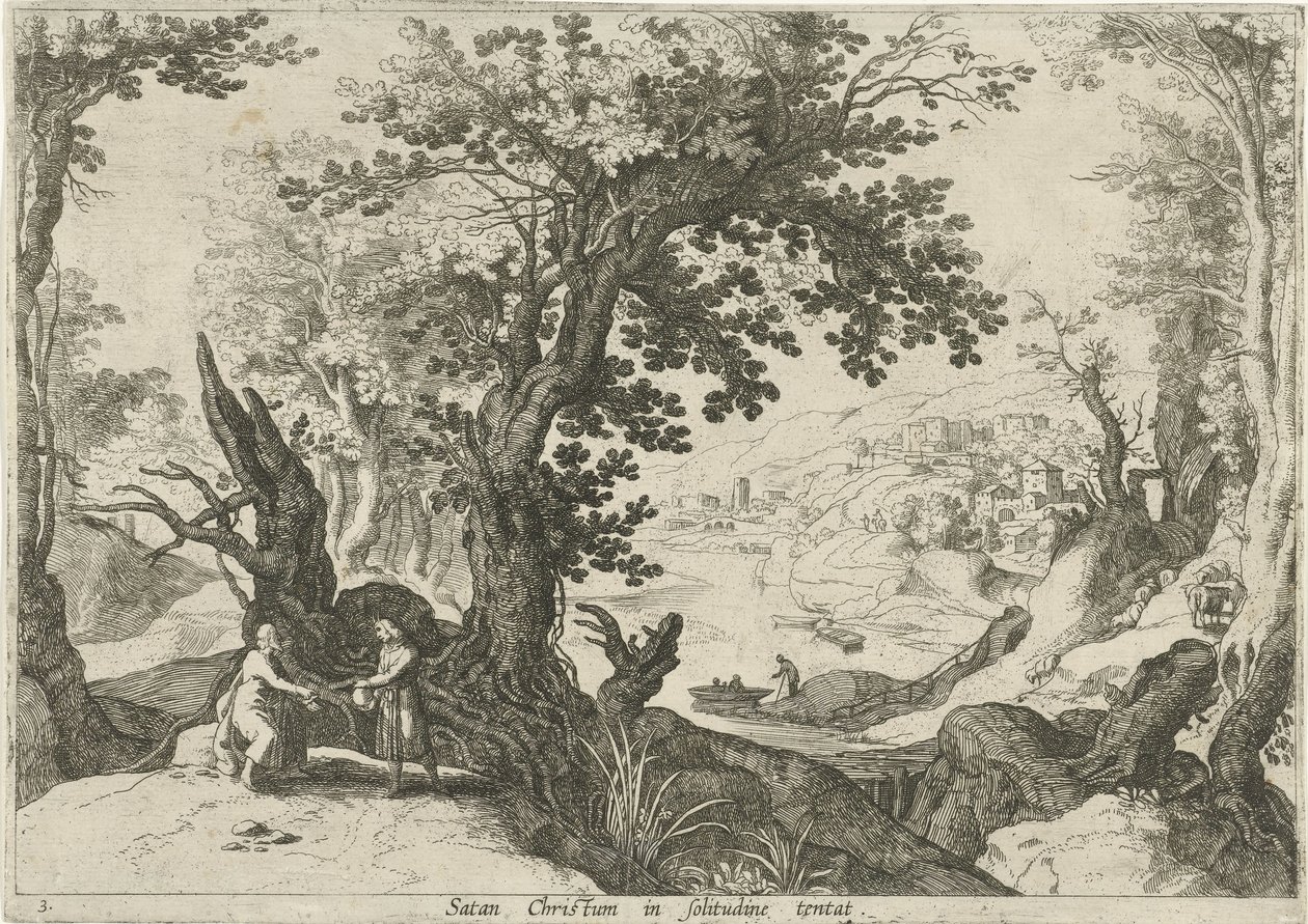 Landskab med Kristi fristelse Satan Christum in solitudine tentat (titel på objekt) Italienske landskaber med bibelske scener (serietitel) af Willem van Nieulandt (II)