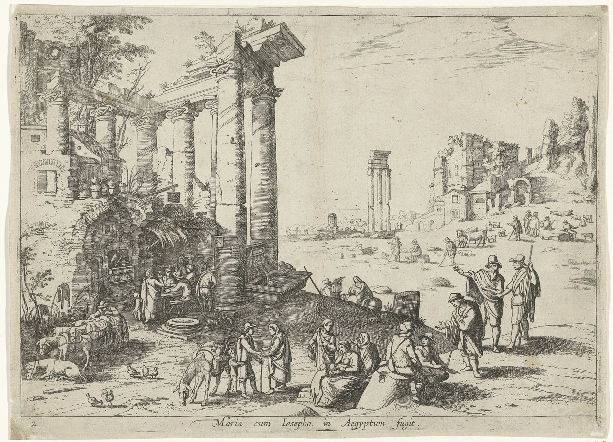 Landskab med flugten til Egypten Maria cum Iosepho i Aegyptum fugit (titel på objekt) Italienske landskaber med bibelske scener (serietitel) af Willem van Nieulandt (II)