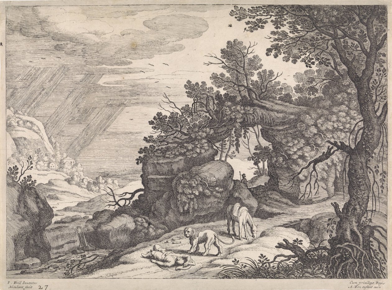 Landskab med en død Guds mand, løve og æsel Italienske landskaber (serietitel) af Willem van Nieulandt (II)