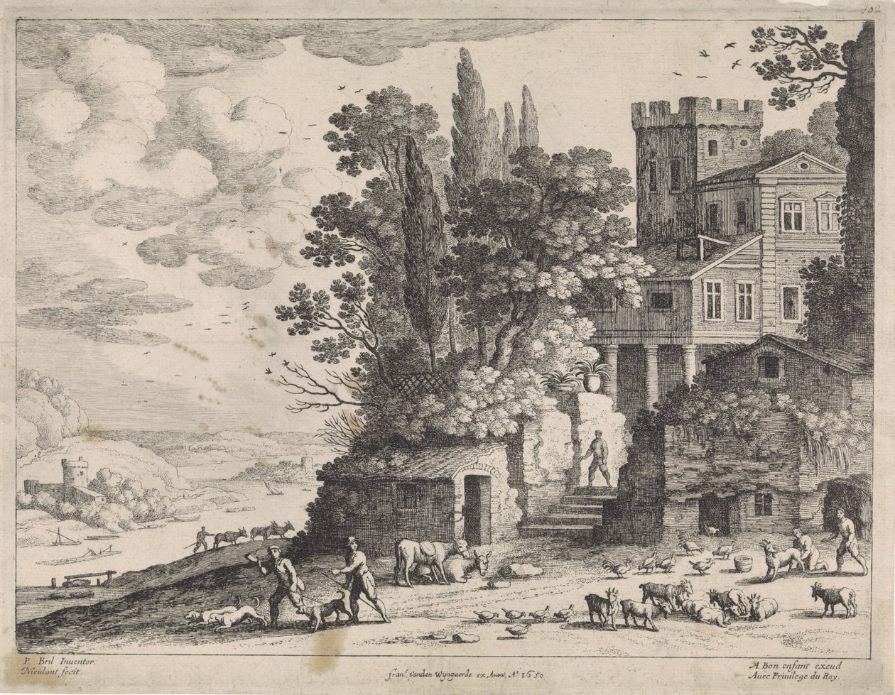 Landskab med hus, figurer og kvæg af Willem van Nieulandt (II)