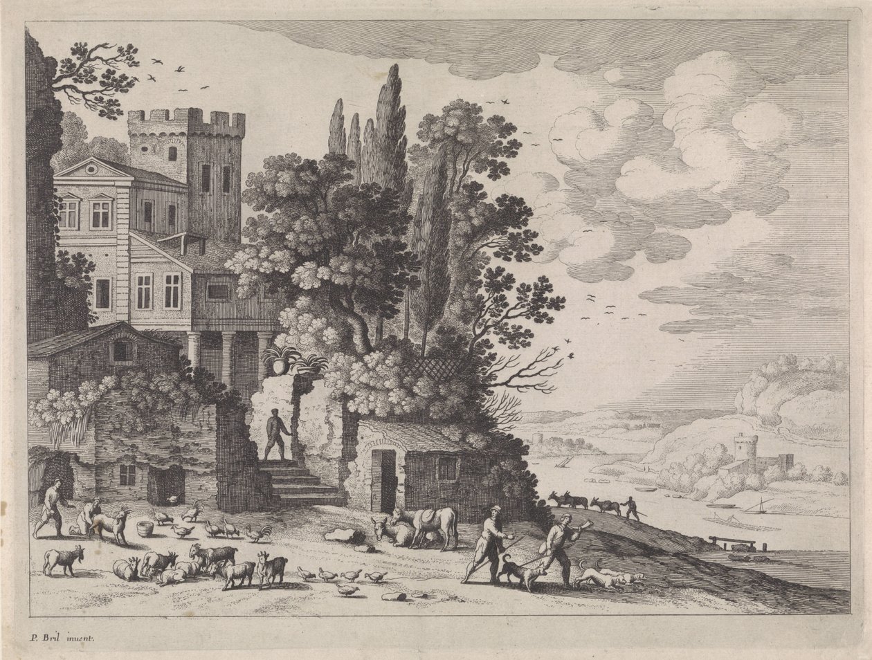 Landskab med hus, figurer og kvæg af Willem van Nieulandt (II)