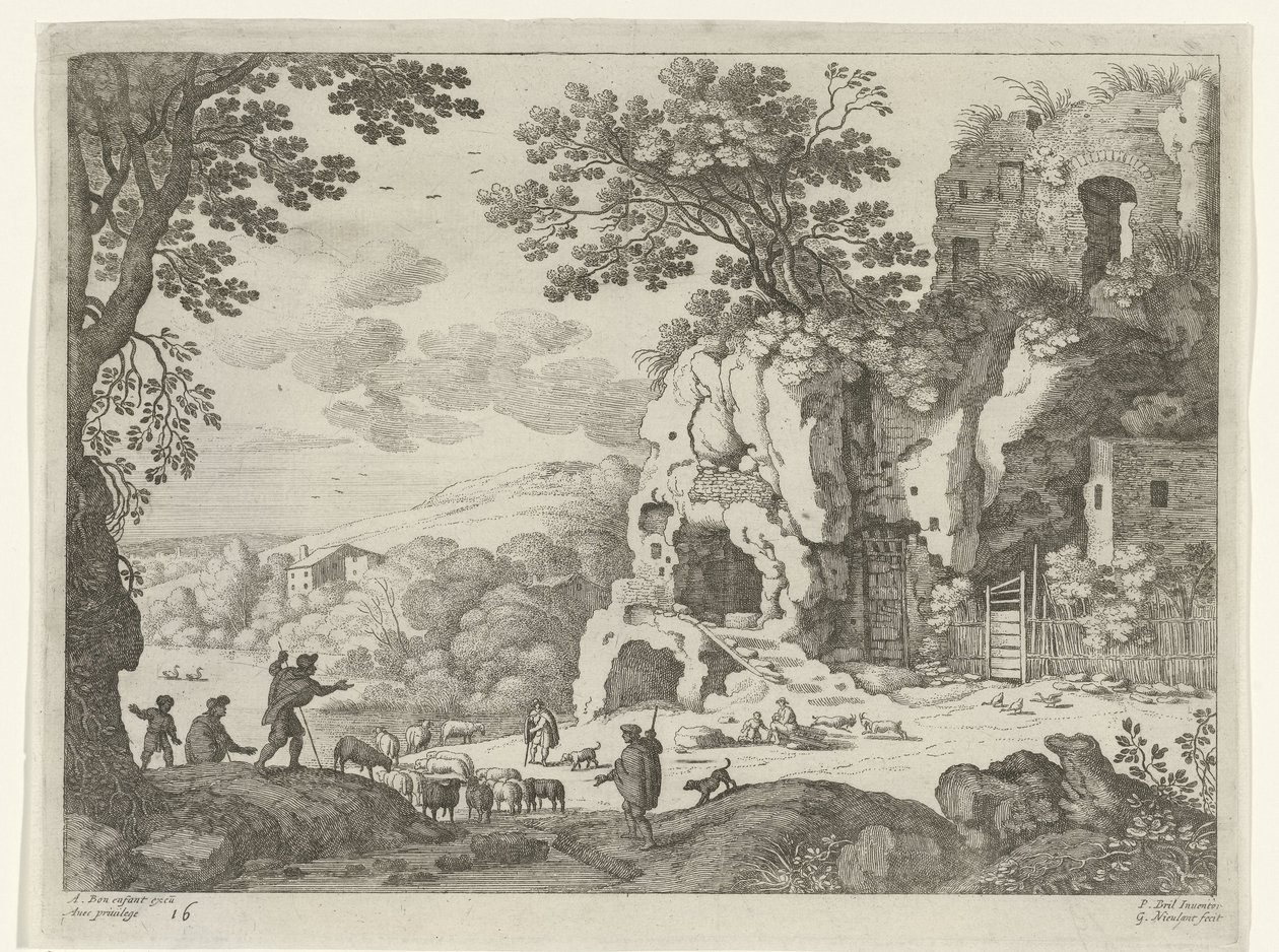 Landskab med en ruin Italienske landskaber (serietitel) af Willem van Nieulandt (II)
