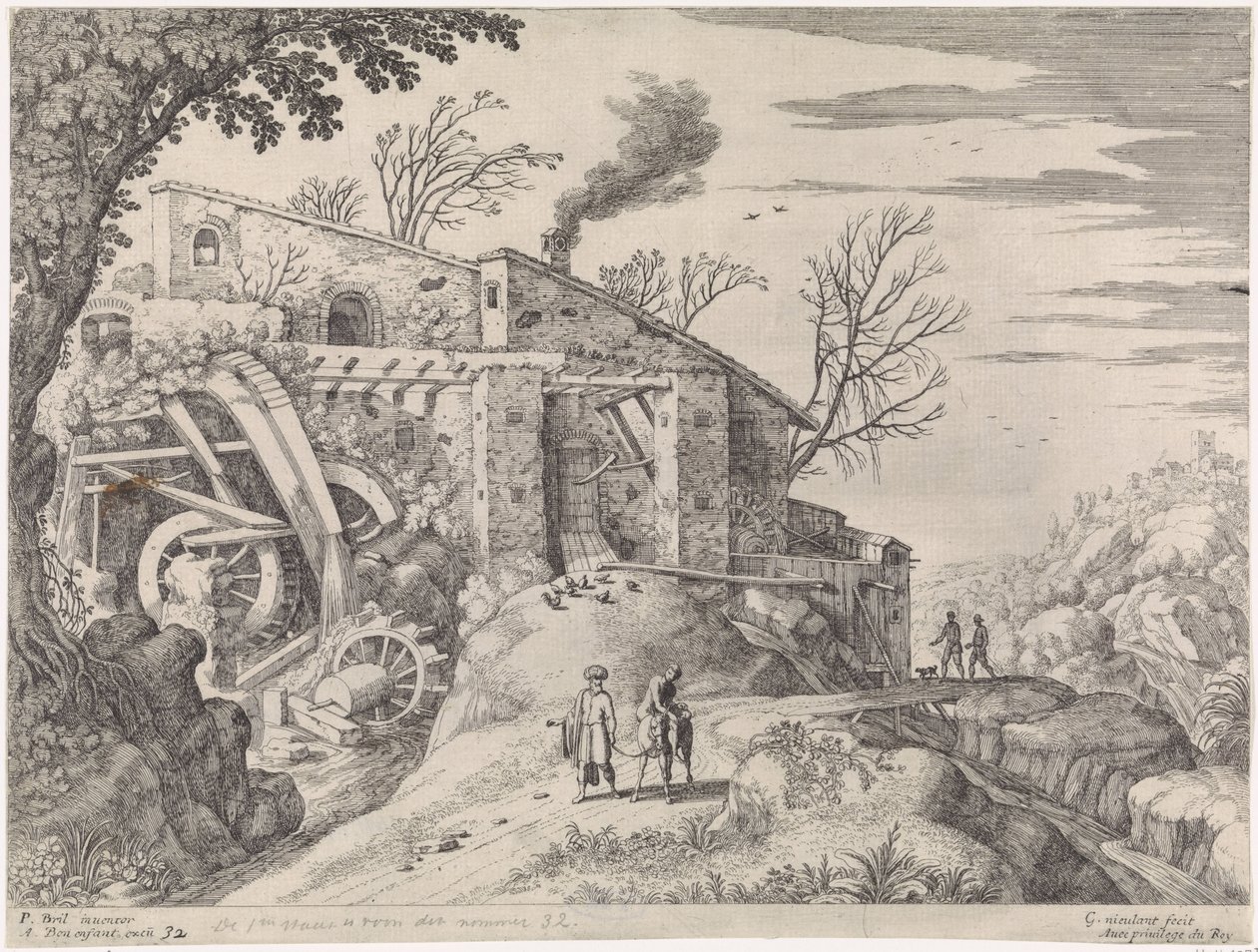 Landskab med en vandmølle og den barmhjertige samaritaner Italienske landskaber (serietitel) af Willem van Nieulandt (II)