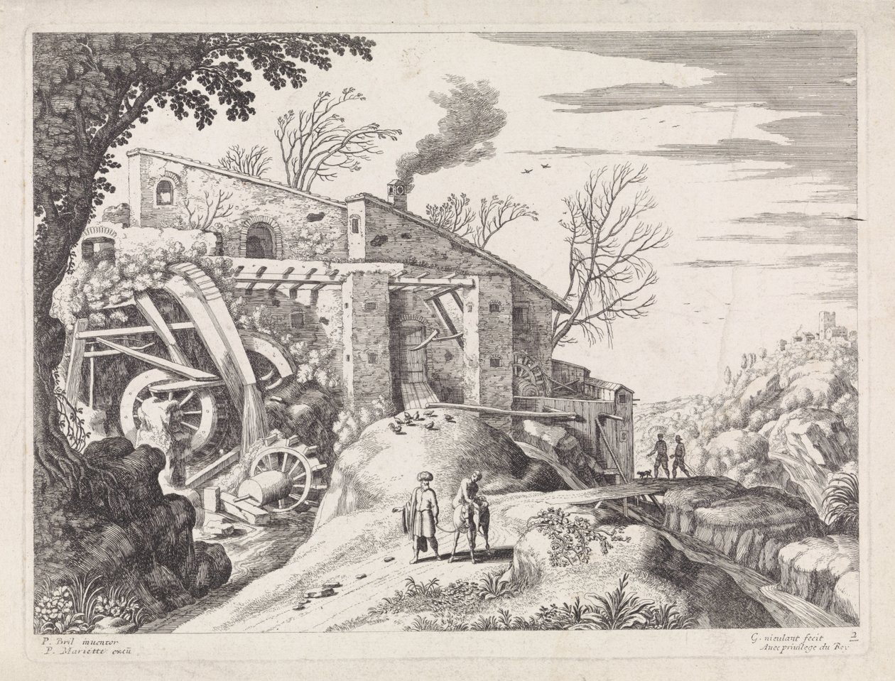 Landskab med en vandmølle og den barmhjertige samaritaner Italienske landskaber (serietitel) af Willem van Nieulandt (II)