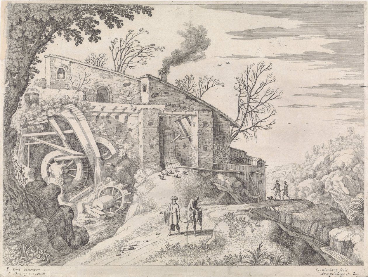 Landskab med en vandmølle og den barmhjertige samaritaner Italienske landskaber (serietitel) af Willem van Nieulandt (II)