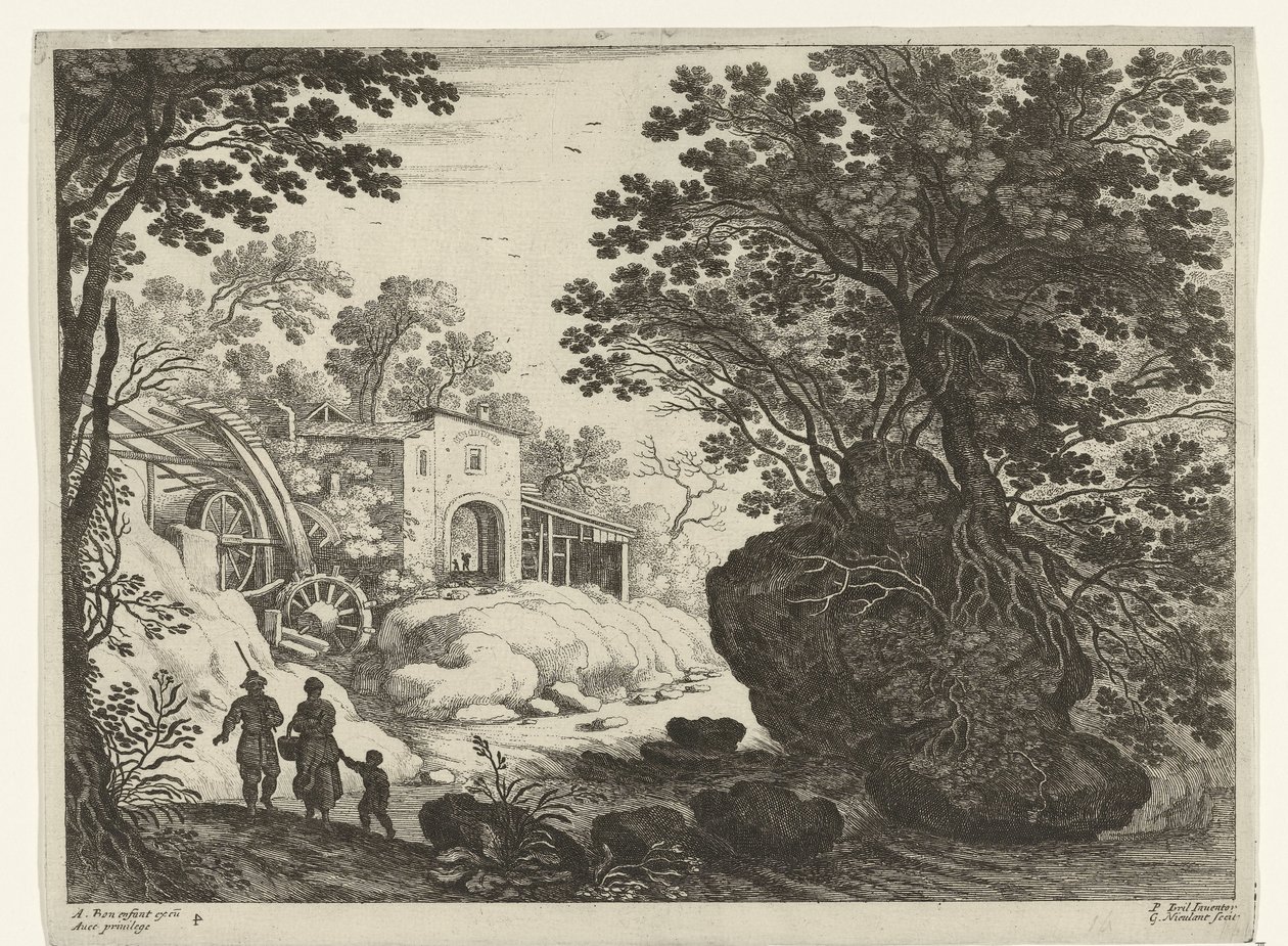 Par og barn ved vandmølle Italienske landskaber (serietitel) af Willem van Nieulandt (II)