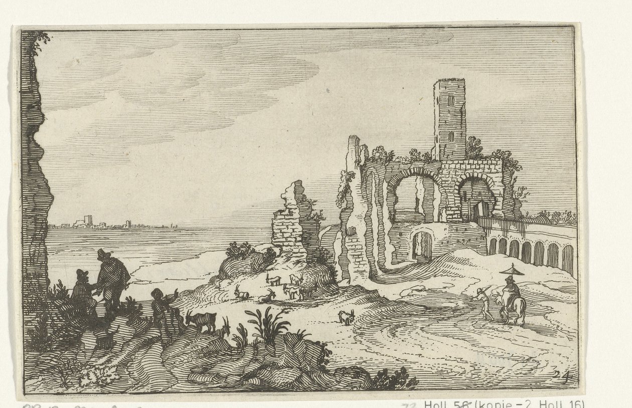 Ruin med buer og et tårn på vandet Romerske ruiner og kystlandskaber (serie 1) (serietitel) af Willem van Nieulandt (II)