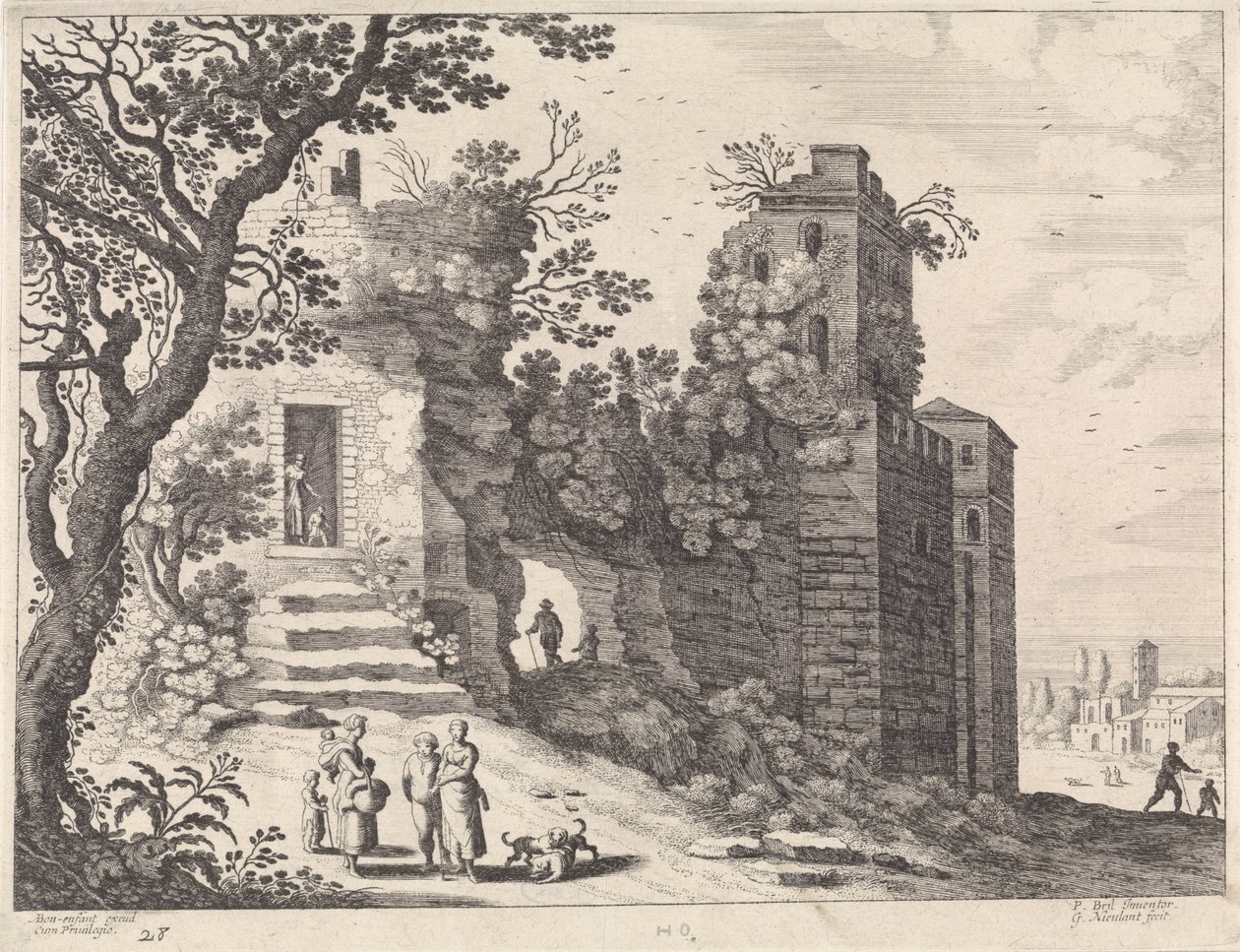 Ruin med en gruppe kvinder og børn Italienske landskaber (serietitel) af Willem van Nieulandt (II)