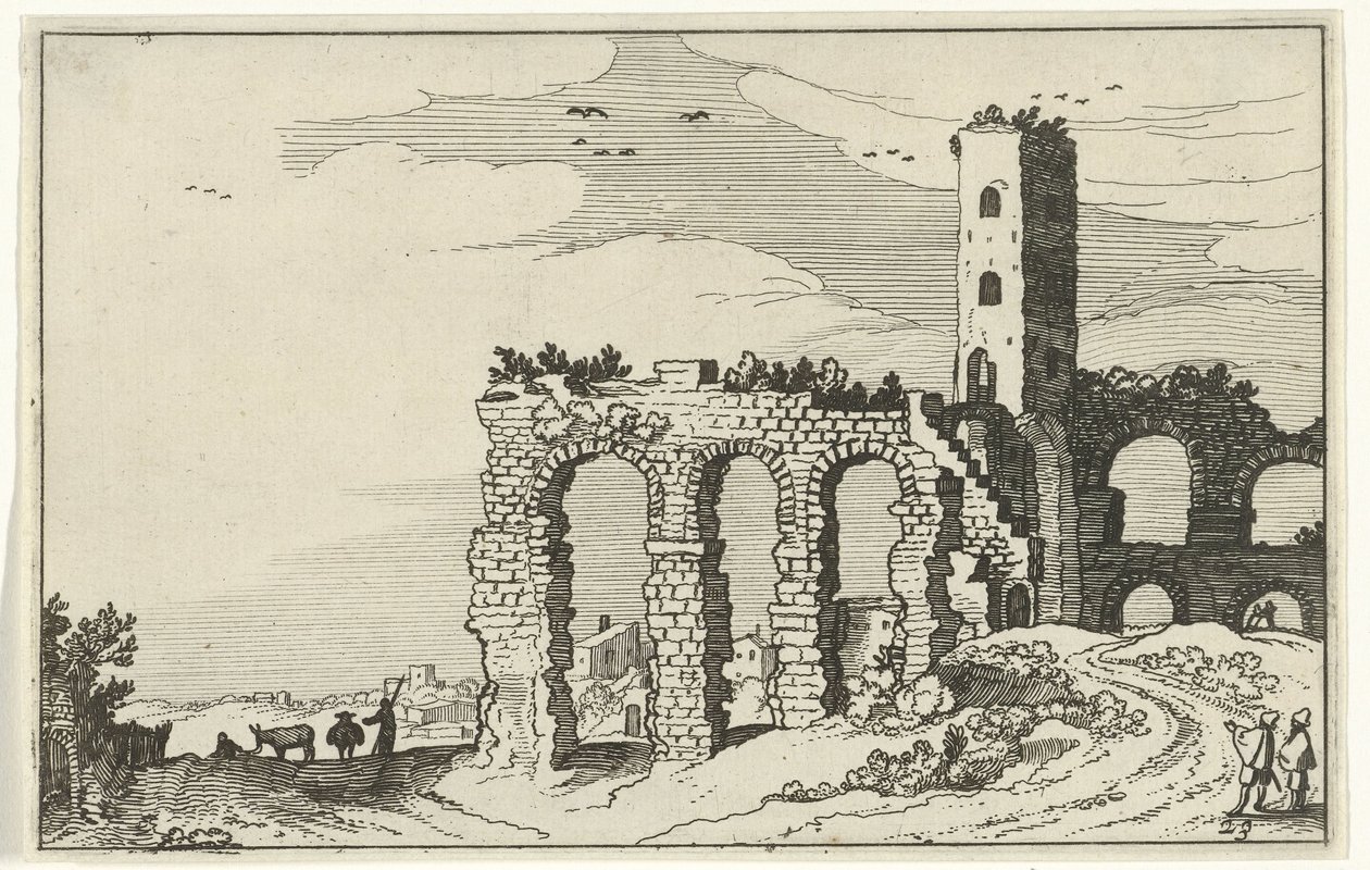 Ruin af akvedukten Romerske ruiner og kystlandskaber (serie 1) (serietitel) af Willem van Nieulandt (II)
