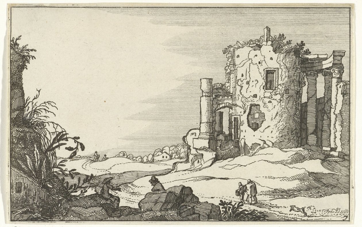Ruiner af et tempel omgivet af søjler Romerske ruiner og kystlandskaber (serie 1) (serietitel) af Willem van Nieulandt (II)