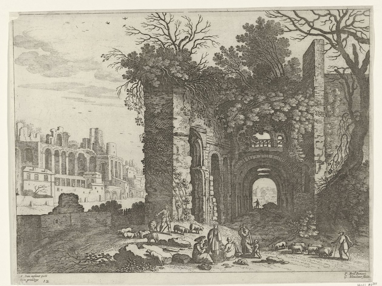 Hvilende familie foran en ruin Italienske landskaber (serietitel) af Willem van Nieulandt (II)