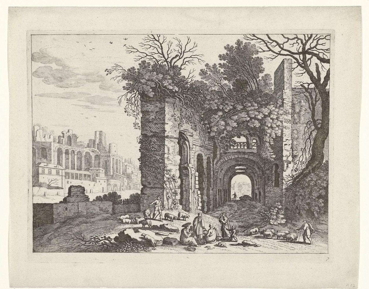 Hvilende familie foran en ruin Italienske landskaber (serietitel) af Willem van Nieulandt (II)