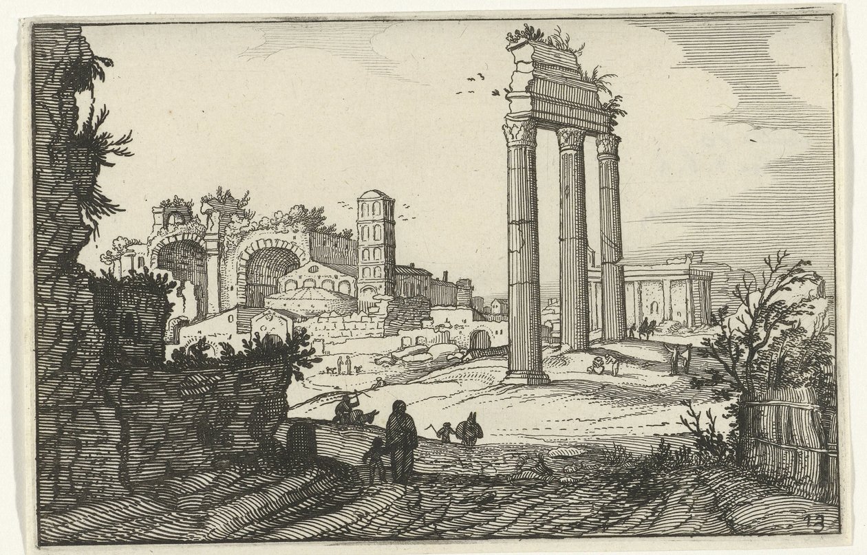 Castor og Pollux-templet og Konstantinbasilikaen Romerske ruiner og kystlandskaber (serie 1) (serietitel) af Willem van Nieulandt (II)