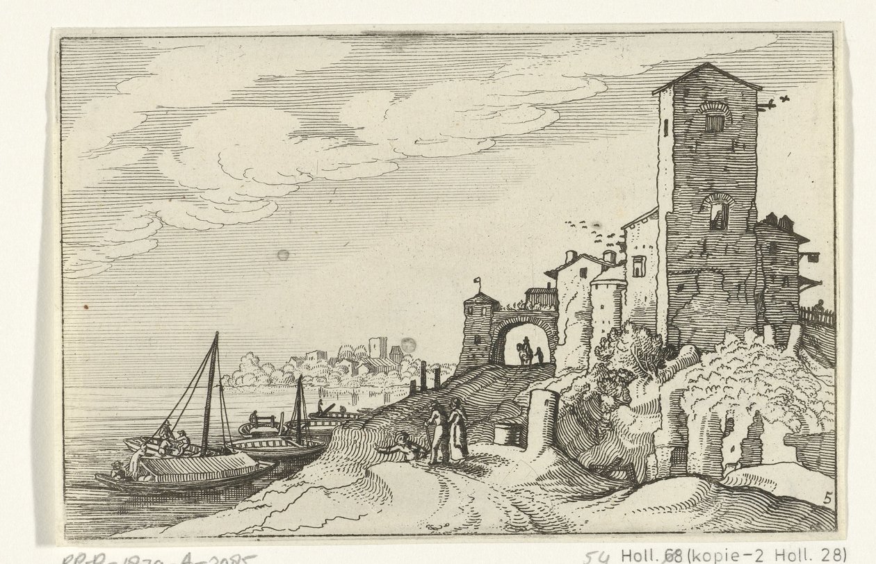 Tårn og port på kysten Romerske ruiner og kystlandskaber (serie 1) (serietitel) af Willem van Nieulandt (II)