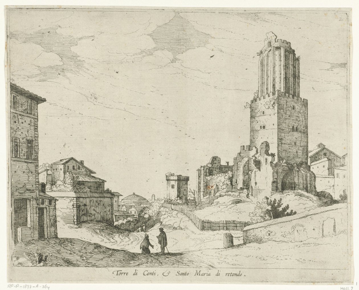 Torre delle Milizie og Pantheon Torre di Conti e Santo Maria di retonde (titel på objekt) Udsigt over Rom (serietitel) af Willem van Nieulandt (II)