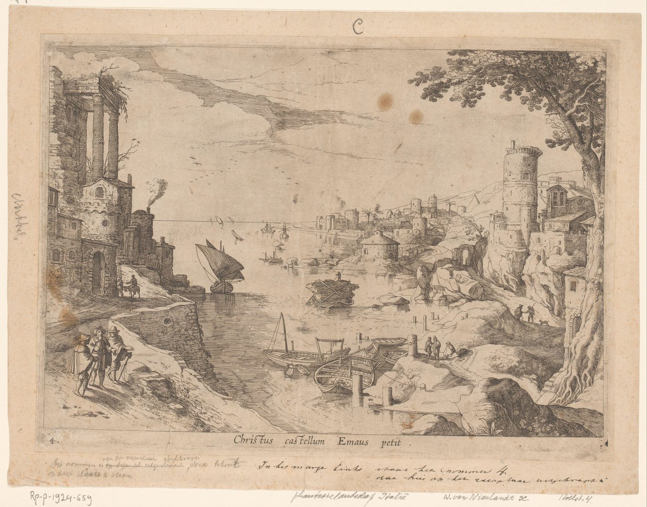 Landskab med Emmaus-rejsende Christ castellum Emaus petit (titel på objekt) Italienske landskaber med bibelske scener (serietitel) af Willem van Nieulandt