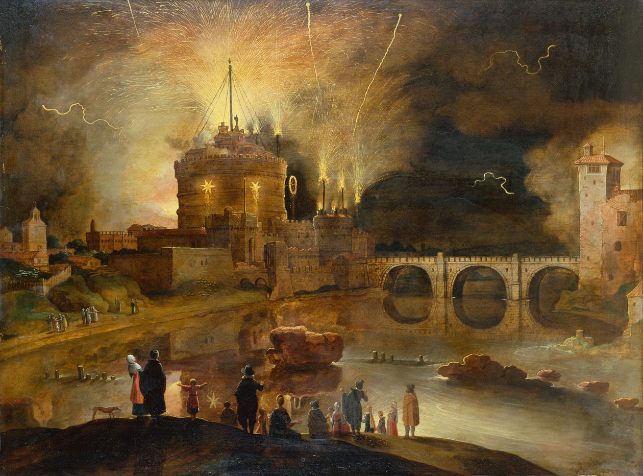 Castel Sant Angelo, Rom, med byfolk, der ser et fyrværkeri om natten (olie på panel) af Willem van Nieulandt