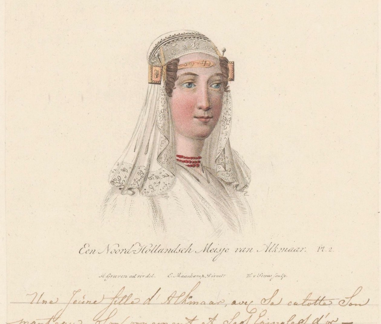 Hovedbeklædning af en pige fra Alkmaar, 1816 En nordhollandsk pige fra Alkmaar / Une Jeune d