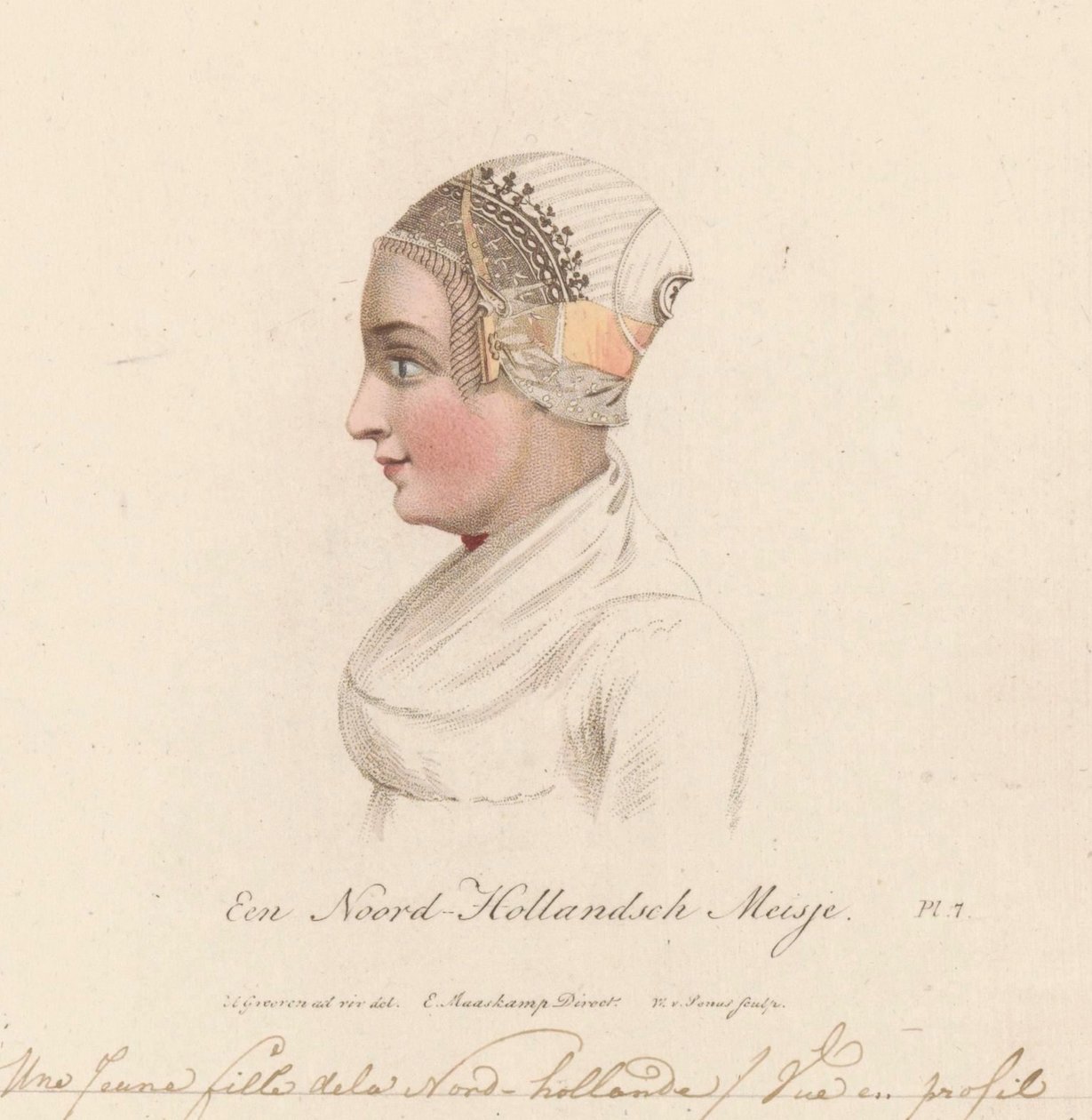 Hovedbeklædning af en pige fra Nordholland, 1816 A North Holland Girl / Une Jeune fille de la Nord-Holland / Vue en profil (titel på objekt) af Willem van Senus
