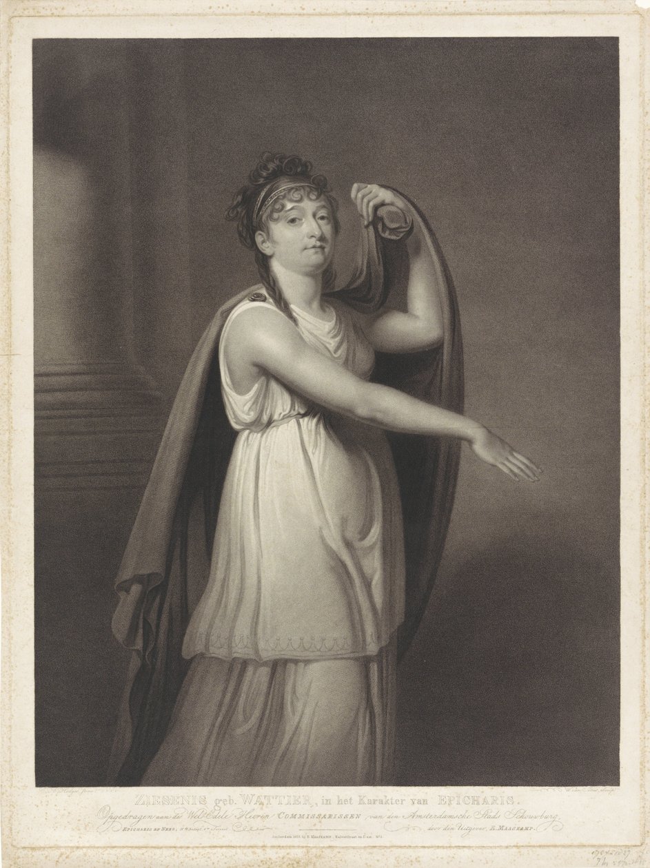 Portræt af Johanna Cornelia Ziesenis-Wattier Ziesenis f. Wattier, i Epicharis karakter (titel på objekt) af Willem van Senus