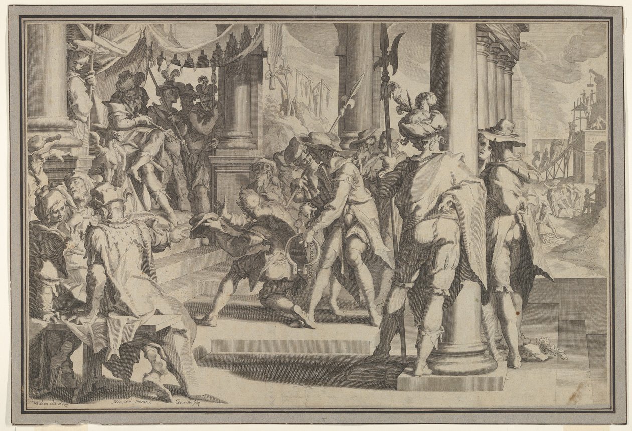 Allegory of Justice Sanctity of the Law med en retsscene, der forestiller en mand, der bliver benådet..., 1605. af Willem van Swanenburg