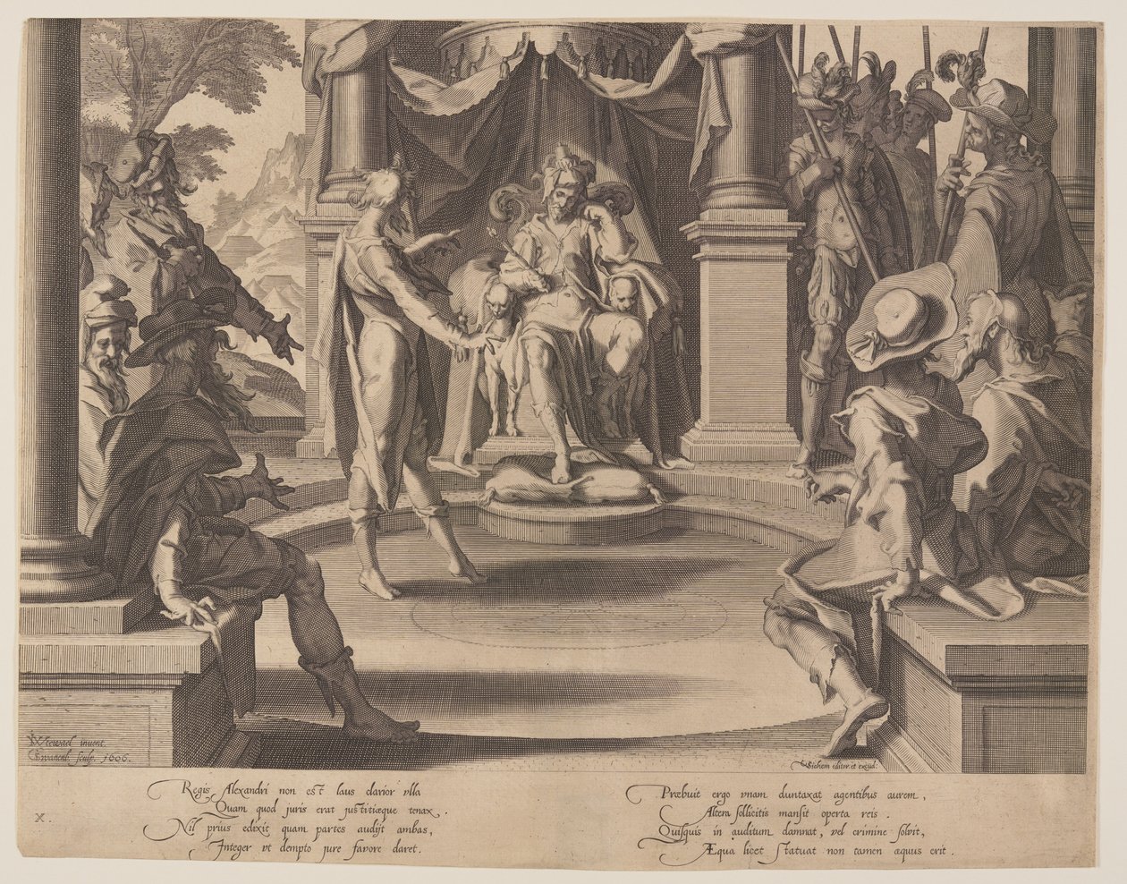 Alexander den Store som dommer, planche 10 fra Retfærdighedens Troner (Thronus Iustitiae) af Willem van Swanenburgh