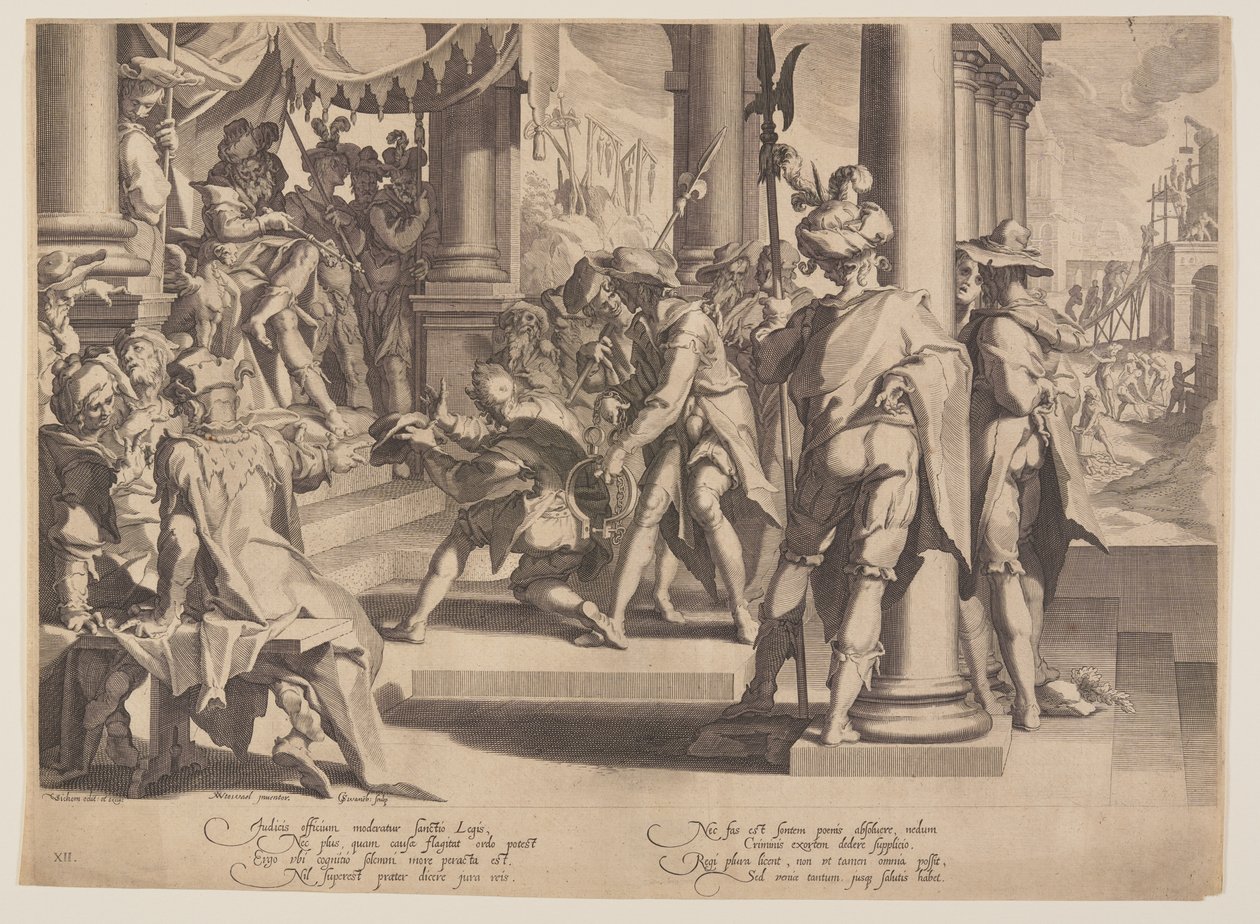 Retfærdighedens allegori, lovens hellighed, planche 12 fra Retfærdighedens troner (Thronus Iustitiae) af Willem van Swanenburgh