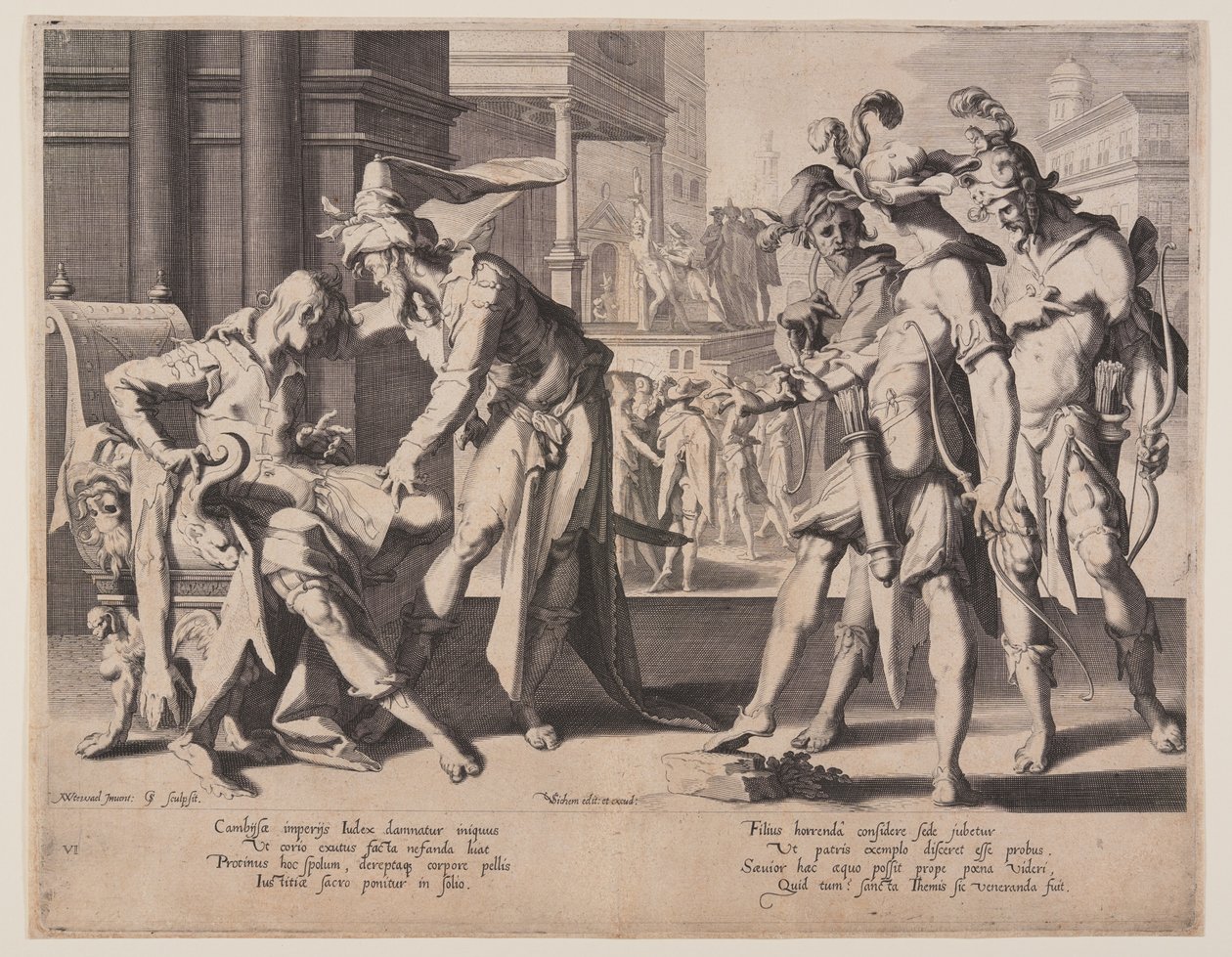 Cambyses befaler flåning, plade 6 fra Retfærdighedens Troner (Thronus Iustitiae) af Willem van Swanenburgh