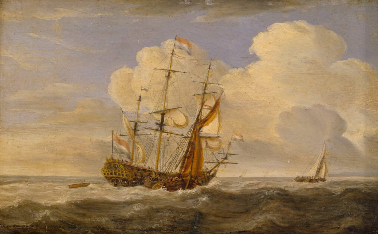 Et hollandsk flagskib for vinden, slutningen af det 17. århundrede til begyndelsen af det 18. århundrede (olie på panel) af Willem van de II (follower of) Velde