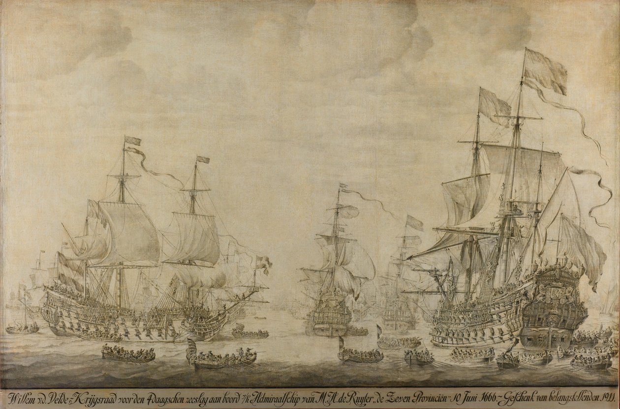Krigsrådet ombord på De syv provinser, Michiel Adriaensz de Ruyters flagskib, 10. juni 1666, forud for de fire dages kamp: episode fra den anden engelsk-hollandske krig af Willem van de Velde (I)