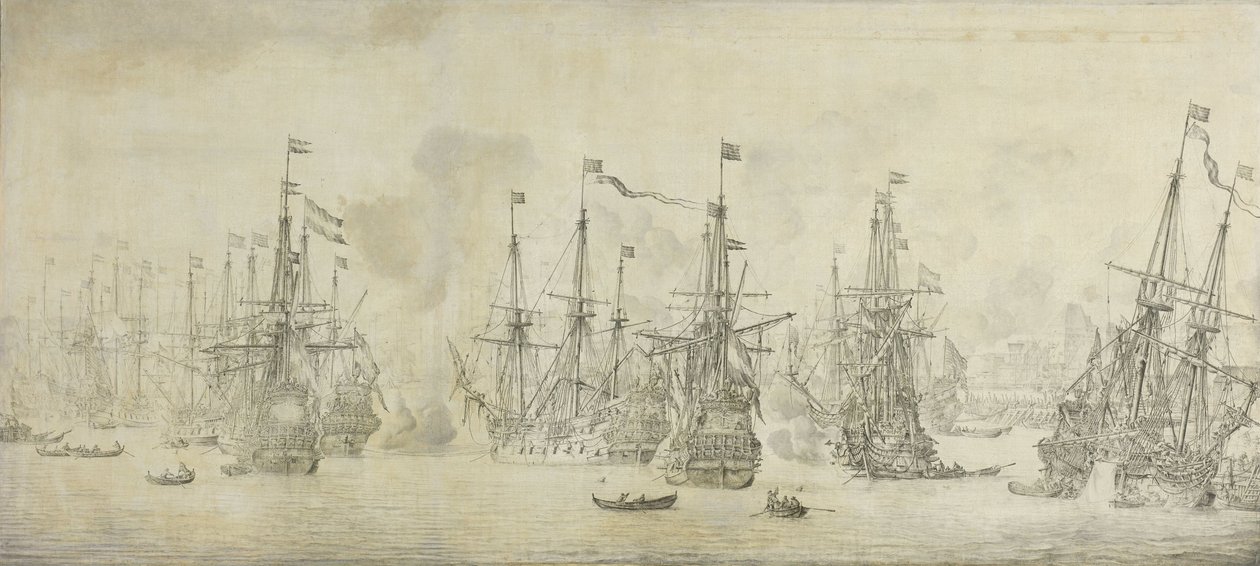 Englændernes mislykkede angreb på returflåden i havnen i Bergen, Norge, 12. august 1665: en episode fra den anden engelsk-hollandske krig af Willem van de Velde (I)