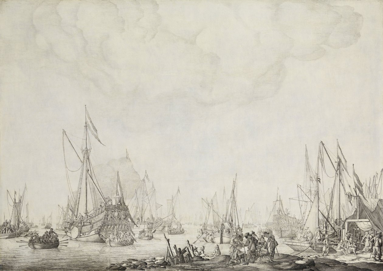 De kongelige og statslige yachts, muligvis Charles II af Englands ankomst til Moerdijk, 1660 af Willem van de Velde (I)