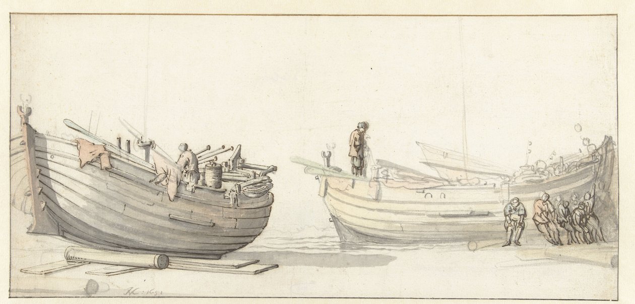 Studie af to fiskerbåde med figurer af Willem van de Velde (II) (attributed to)