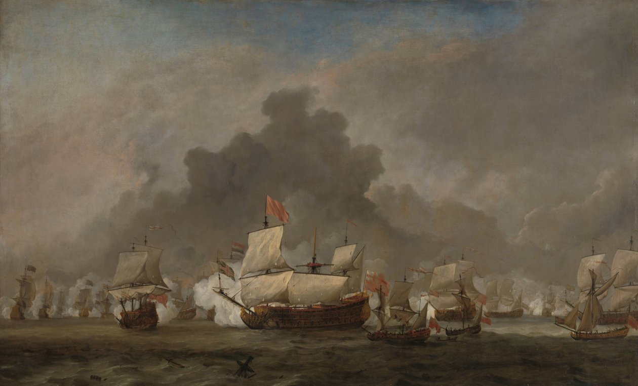 Søslag mellem Michiel Adriaensz de Ruyter og hertugen af York på den kongelige prins under slaget ved Solebay, 7. juni 1672: episode fra den tredje engelsk-hollandske krig af Willem van de Velde (II)