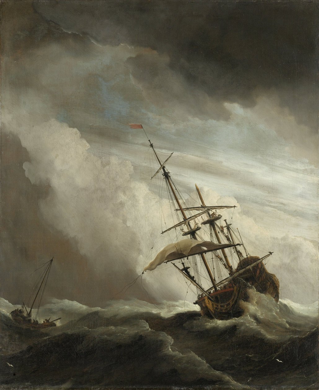 Et skib på åbent hav fanget af en squall, kendt som vindstødet, 1680 af Willem van de Velde