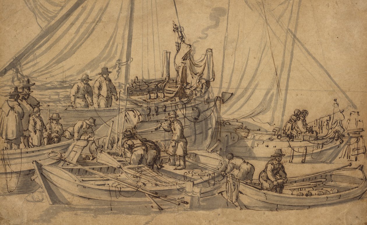 Figurer om bord på små handelsfartøjer, ca. 1650-5 (pen, brun blæk og vask-tegning) af Willem van de Velde