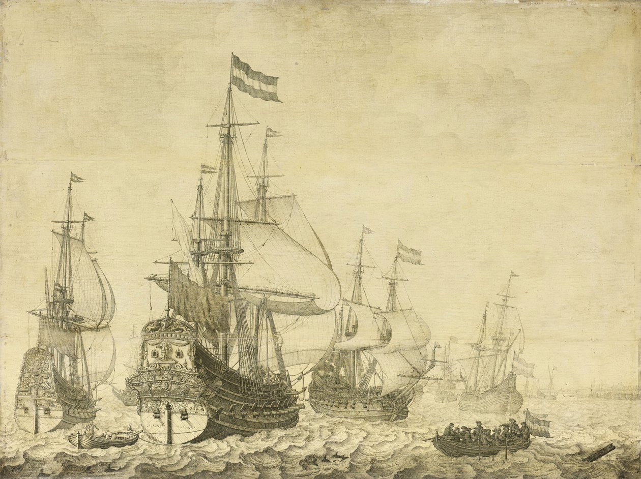 Havlandskab med hollandske krigsmænd, herunder Drenthe og prins Frederick-Henry, ca. 1670 (maleri på panel) af Willem van de Velde