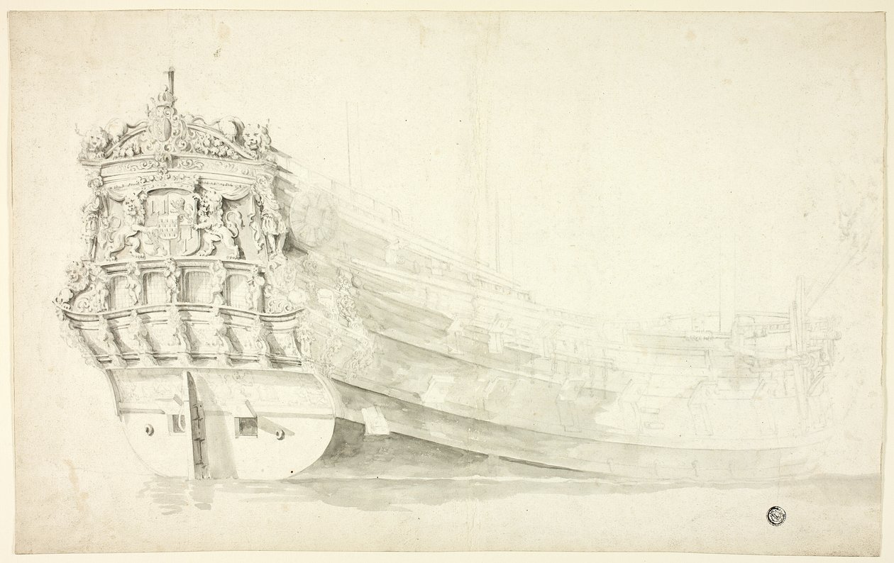 Hollandsk skib med ornamenteret stævn set fra styrbords side af Willem van de Velde I