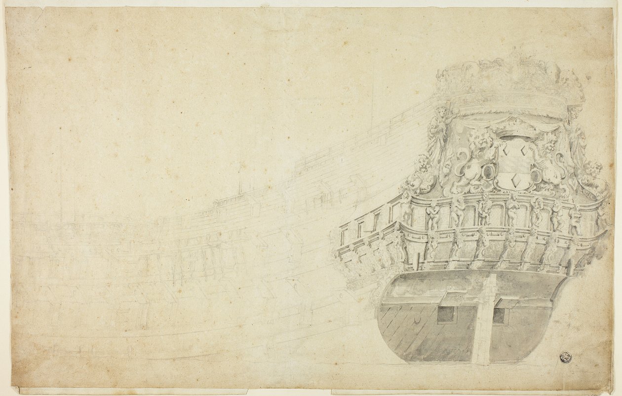 Delvis skitse af et hollandsk skib set fra bagbords side af Willem van de Velde I