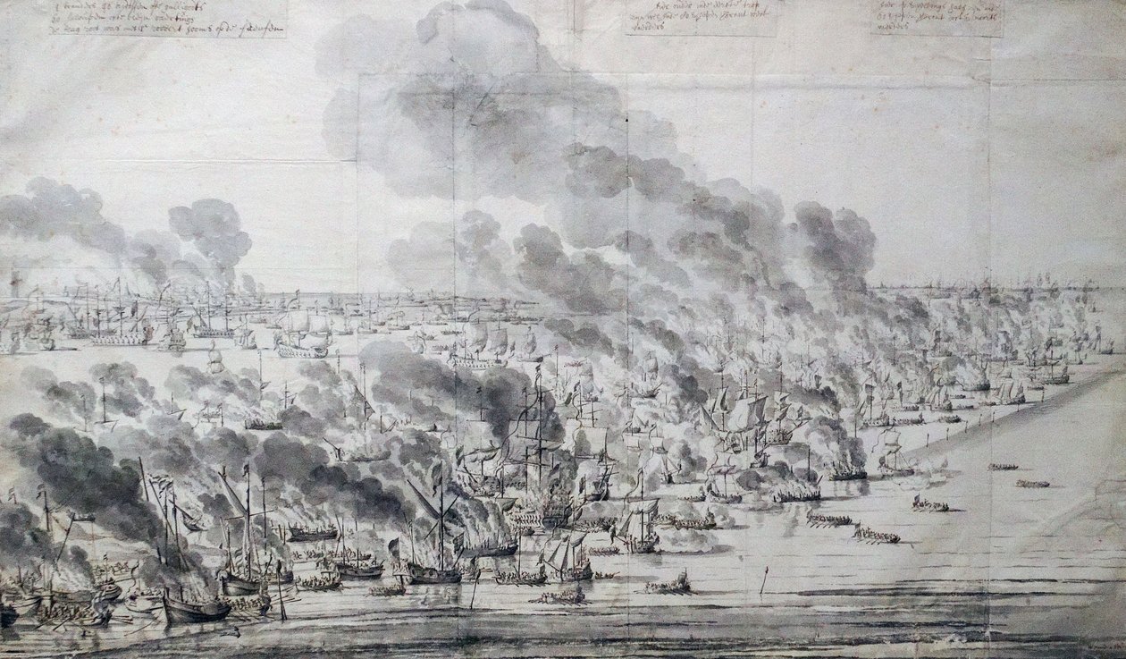 Robert Holmes satte ild til den hollandske flåde ved Terschelling af Willem van de Velde the Elder